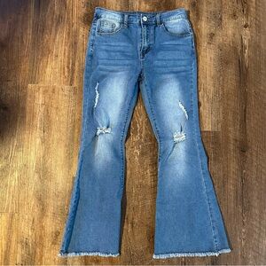 SHEIN Distressed Blue Flare Jeans teen